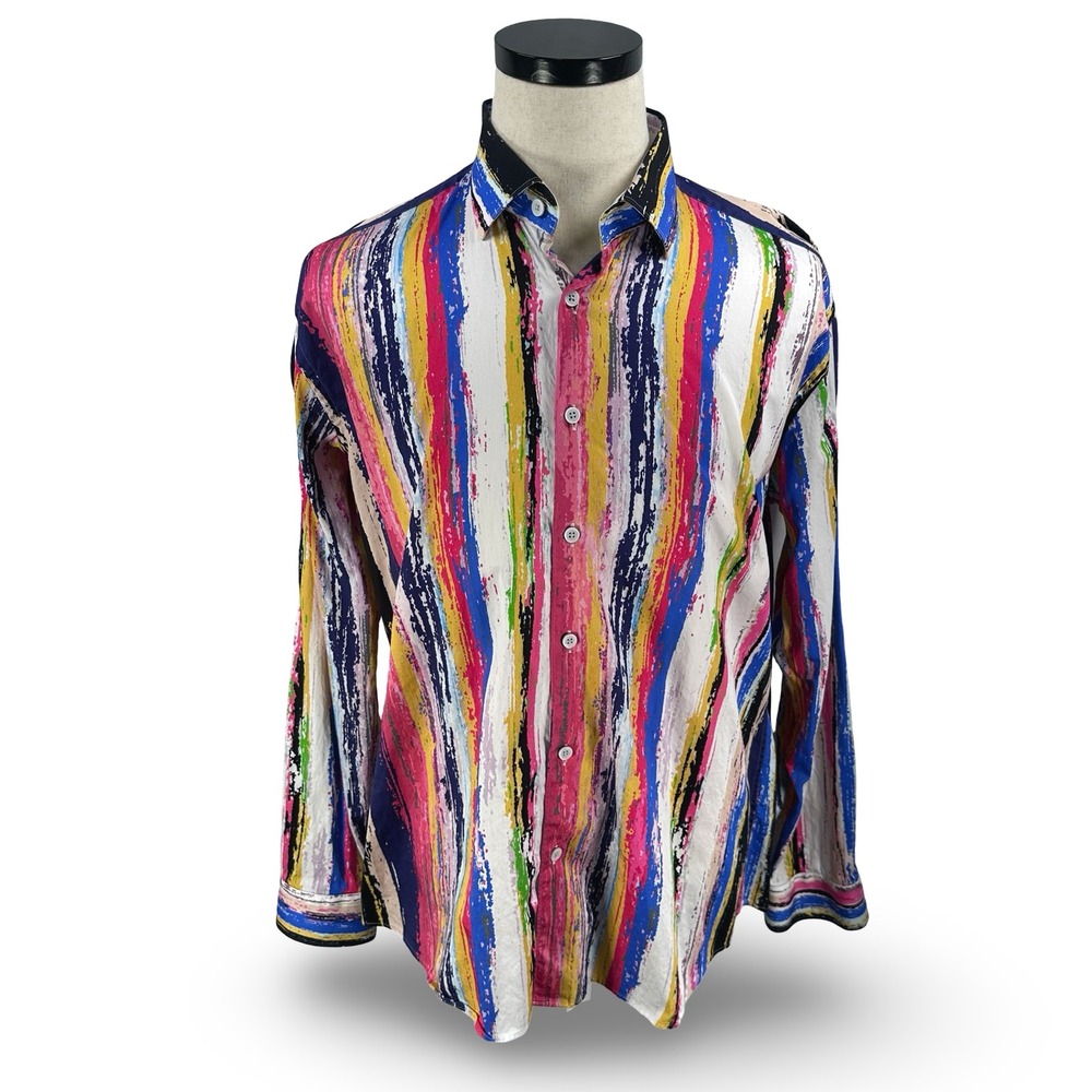 Maceoo Mens XL Button Up Shirt Colorful Loud Abstract Multicolor Striped